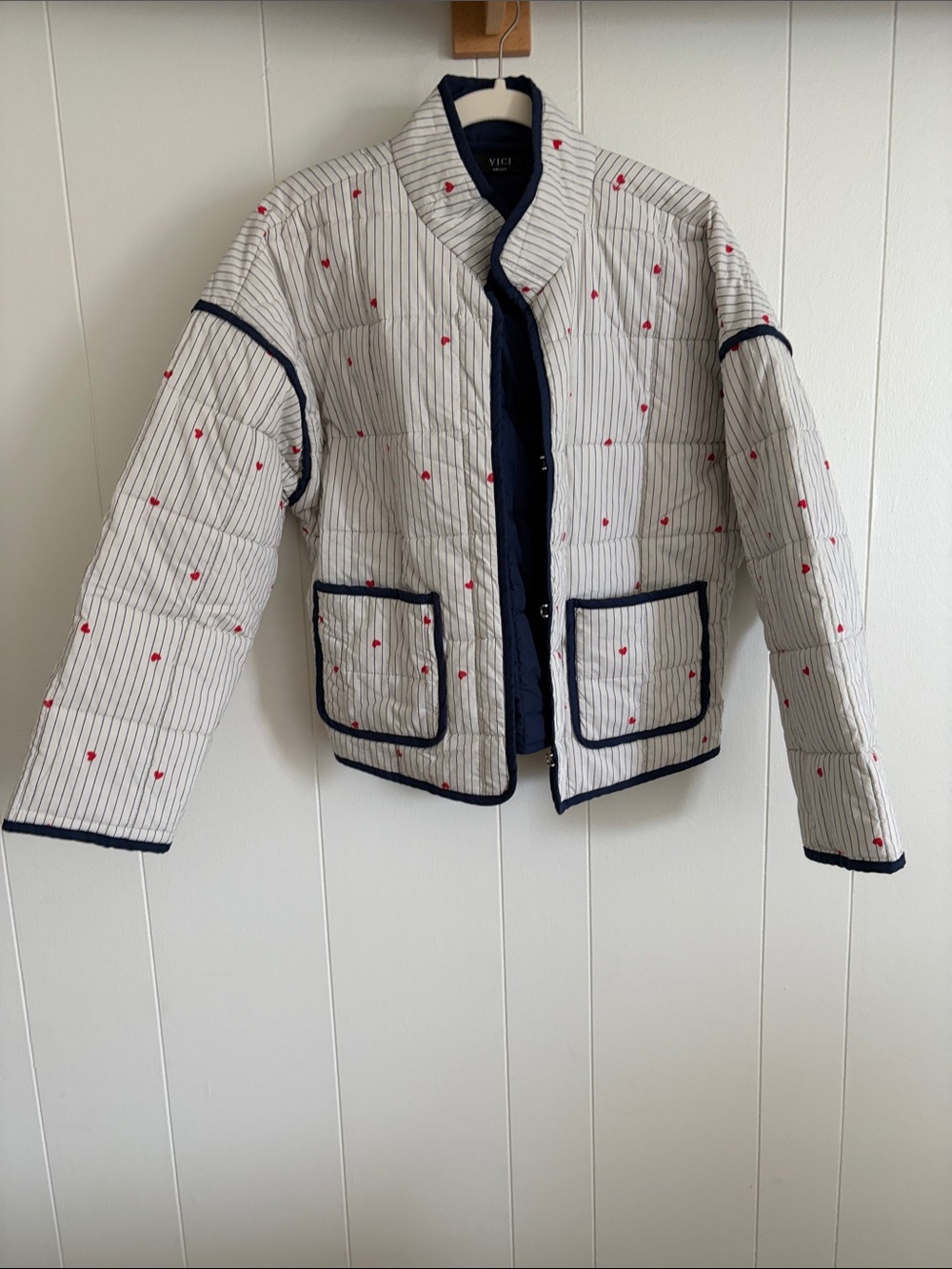 Vici White Quilted Puffer Jacket with Navy Trim and Red Heart Accent